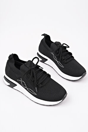 Muggo MARTHA Kadın Kalın Taban Günlük Triko Taşlı Bağcıklı Sneaker Spor Ayakkabı