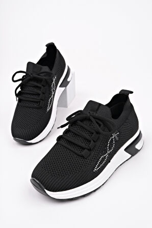Muggo MARTHA Kadın Kalın Taban Günlük Triko Taşlı Bağcıklı Sneaker Spor Ayakkabı