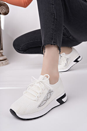 Muggo MARTHA Kadın Kalın Taban Günlük Triko Taşlı Bağcıklı Sneaker Spor Ayakkabı