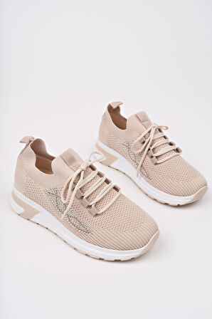 Muggo MARTHA Kadın Kalın Taban Günlük Triko Taşlı Bağcıklı Sneaker Spor Ayakkabı