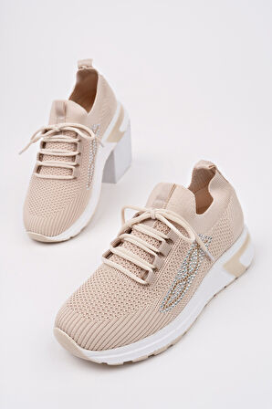 Muggo MARTHA Kadın Kalın Taban Günlük Triko Taşlı Bağcıklı Sneaker Spor Ayakkabı