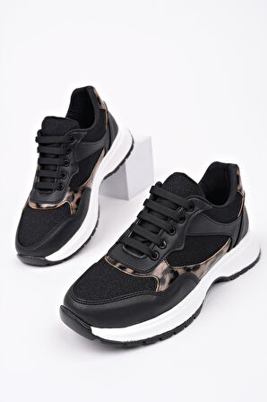Muggo MELODY Kadın Kalın Taban Günlük Leopar Desenli Bağcıklı Sneaker Spor Ayakkabı