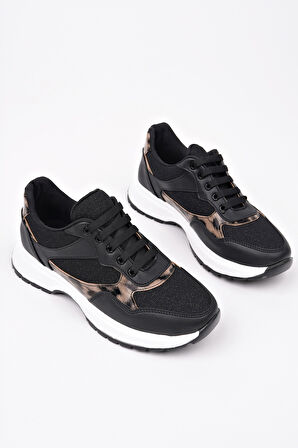 Muggo MELODY Kadın Kalın Taban Günlük Leopar Desenli Bağcıklı Sneaker Spor Ayakkabı