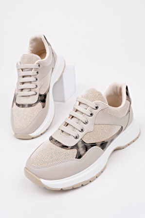 Muggo MELODY Kadın Kalın Taban Günlük Leopar Desenli Bağcıklı Sneaker Spor Ayakkabı