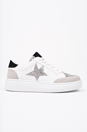 Muggo BONNİE Kadın Kalın Taban Taşlı Leopar Desenli Bağcıklı Günlük Sneaker Spor Ayakkabı