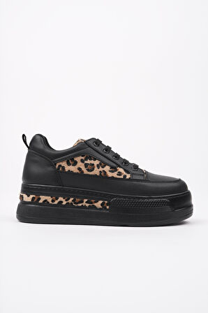 Muggo ZARİNA Kadın Kalın Taban Leopar Desenli Bağcıklı Günlük Sneaker Spor Ayakkabı