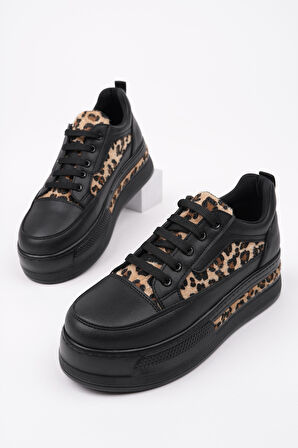 Muggo ZARİNA Kadın Kalın Taban Leopar Desenli Bağcıklı Günlük Sneaker Spor Ayakkabı