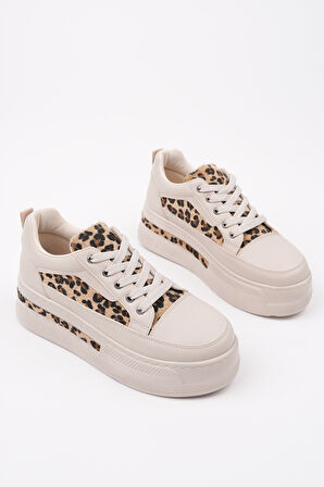 Muggo ZARİNA Kadın Kalın Taban Leopar Desenli Bağcıklı Günlük Sneaker Spor Ayakkabı