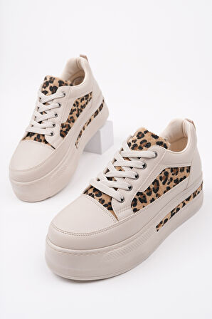 Muggo ZARİNA Kadın Kalın Taban Leopar Desenli Bağcıklı Günlük Sneaker Spor Ayakkabı