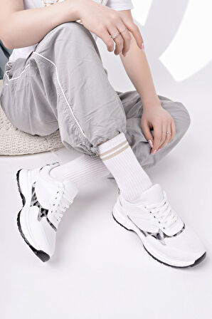 Muggo MELODY Kadın Kalın Taban Günlük Leopar Desenli Bağcıklı Sneaker Spor Ayakkabı