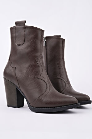 Muggo WESTON Sivri Burun Dikiş Detaylı Fermuarlı Kalın Topuklu Kovboy Kadın Bot 