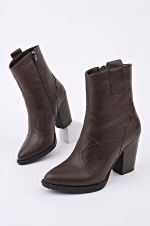 Muggo WESTON Sivri Burun Dikiş Detaylı Fermuarlı Kalın Topuklu Kovboy Kadın Bot 