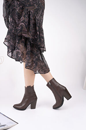 Muggo WESTON Sivri Burun Dikiş Detaylı Fermuarlı Kalın Topuklu Kovboy Kadın Bot 