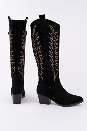 Muggo TEXAS Sivri Burun Nakışlı Kalın Topuklu Kadın Kovboy Western Çizme 