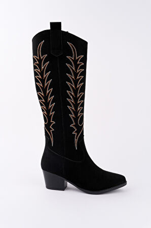 Muggo TEXAS Sivri Burun Nakışlı Kalın Topuklu Kadın Kovboy Western Çizme 