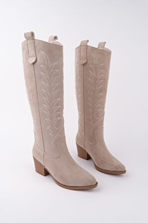 Muggo TEXAS Sivri Burun Nakışlı Kalın Topuklu Kadın Kovboy Western Çizme 