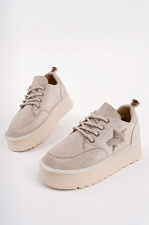 Muggo KOZMOS Kalın Taban Bağcıklı Yıldız Detaylı Kadın Kışlık Sneaker Spor Ayakkabı