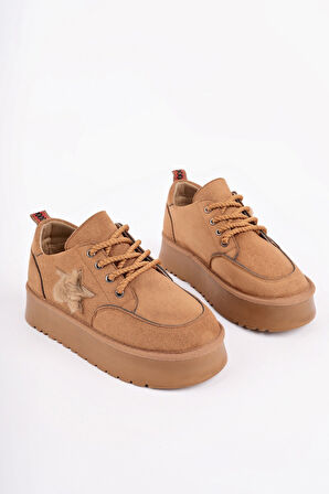 Muggo KOZMOS Kalın Taban Bağcıklı Yıldız Detaylı Kadın Kışlık Sneaker Spor Ayakkabı