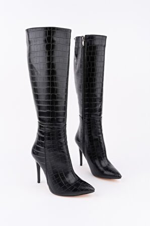 Muggo ZEST Kroko Desenli Sivri Burun Fermuarlı İnce Topuklu Kadın Çizme