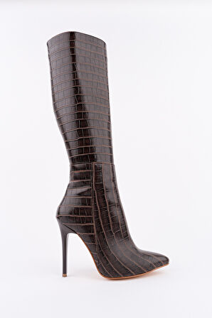 Muggo ZEST Kroko Desenli Sivri Burun Fermuarlı İnce Topuklu Kadın Çizme