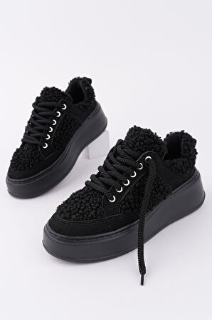 Muggo FLEECY Kalın Taban Bağcıklı Peluş Detaylı Kadın Kışlık Sneaker Spor Ayakkabı