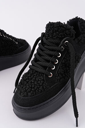 Muggo FLEECY Kalın Taban Bağcıklı Peluş Detaylı Kadın Kışlık Sneaker Spor Ayakkabı