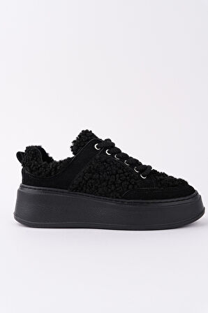 Muggo FLEECY Kalın Taban Bağcıklı Peluş Detaylı Kadın Kışlık Sneaker Spor Ayakkabı