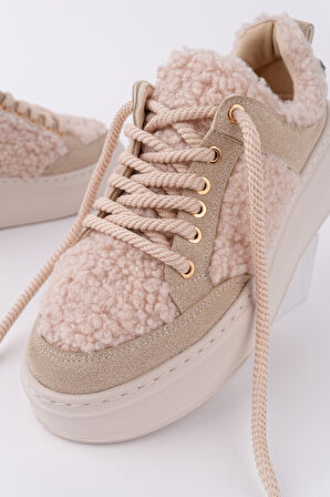 Muggo FLEECY Kalın Taban Bağcıklı Peluş Detaylı Kadın Kışlık Sneaker Spor Ayakkabı