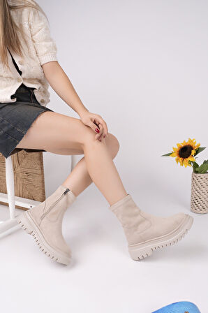 Muggo SUEVA Süet Kalın Taban Fermuarlı Kadın Bot