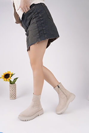 Muggo SUEVA Süet Kalın Taban Fermuarlı Kadın Bot