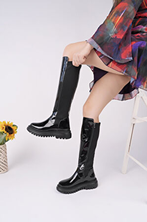 Muggo NEROX Kalın Taban Streç Detaylı Fermuarlı Kadın Çizme