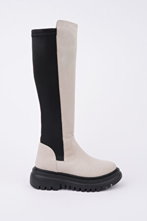 Muggo DİASA Süet Kalın Taban Streç Detaylı Fermuarlı Kadın Çizme