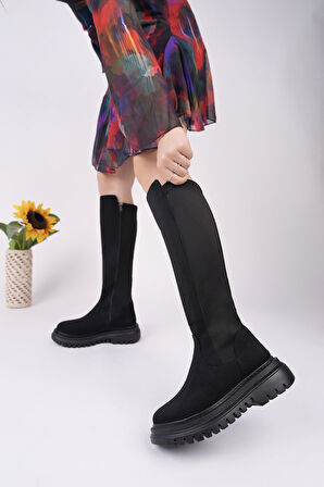 Muggo DİASA Süet Kalın Taban Streç Detaylı Fermuarlı Kadın Çizme