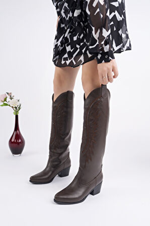 Muggo RODEO Dikiş Detaylı Kalın Topuklu Kovboy Kadın Çizme 