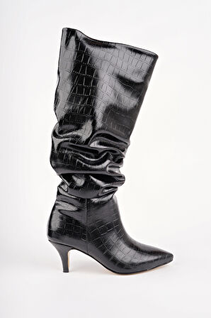 Muggo RUMBA Sivri Burun Kırışık Kroko Desenli İnce Topuklu Kadın Çizme