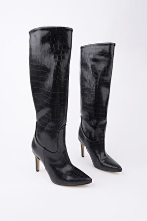 Muggo CLARİSSA Sivri Burun Kroko Desenli İnce Topuklu Kadın Çizme