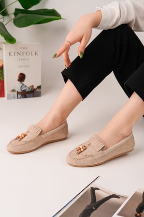 Muggo FAWN Renkli Boncuk Detaylı Kadın Günlük Loafer Ayakkabı