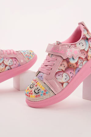 Muggo SMİLE Taş Detaylı Desenli Cırtlı Kız Çocuk Işıklı Günlük Sneaker Spor Ayakkabı