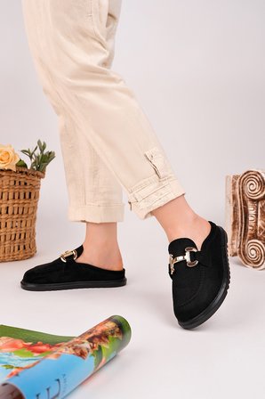 Muggo CARLEEN Süet Deri Gold Tokalı Günlük Rahat Önü Kapalı Kadın Loafer Terlik