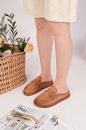 Muggo VİNTAGE Süet Deri Günlük Rahat Önü Kapalı Kadın Loafer Terlik
