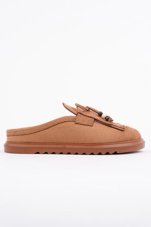 Muggo FRİNGE Süet Deri Fiyonk Detaylı Günlük Rahat Önü Kapalı Kadın Püsküllü Loafer Terlik