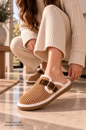 Muggo CLAY İçi Kürklü Tokalı Peluş Kışlık Kadın Ev Terliği