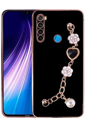 Xiaomi Redmi Note 8 Kılıf Kalpli Çiçekli Bileklik Zincirli Kamera Korumalı Kenarları Gold Renk. Silikon