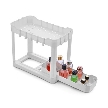 Sev Plastik 2 Katlı Sürgü Çekmeceli Tezgah Altı Organizer Beyaz (40x22x33cm)
