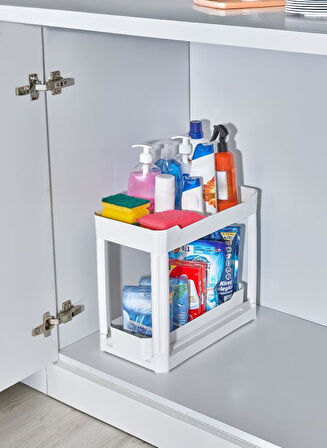 Sev Plastik 2 Katlı Sürgü Çekmeceli Tezgah Altı Organizer Beyaz (40x22x33cm)