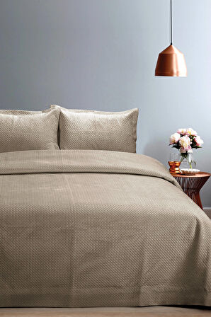 Lidia Kadife Çift Kişilik Yatak Örtüsü Takımı - Vizon