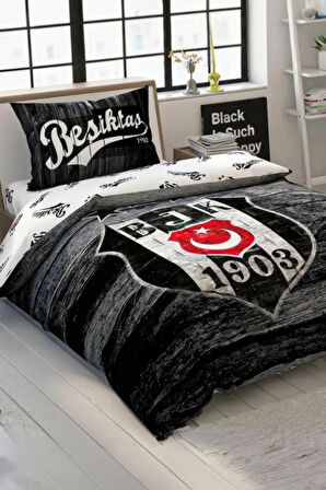 Taç Lisanslı Beşiktaş Wooden Logo Tek Kişilik Nevresim Takımı 