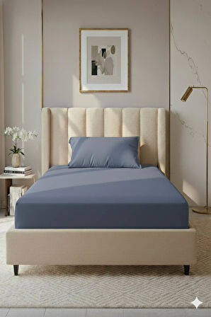 %100 Pamuk Ranforce Premium Tek Kişilik Lastikli Çarşaf Seti - İndigo