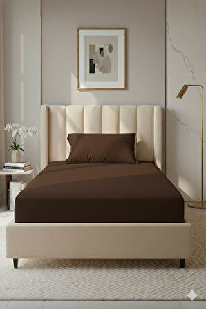 %100 Pamuk Ranforce Premium Tek Kişilik Lastikli Çarşaf Seti - Kahverengi