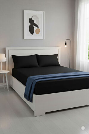%100 Pamuk Ranforce Premium King Size Lastikli Çarşaf Seti - Siyah